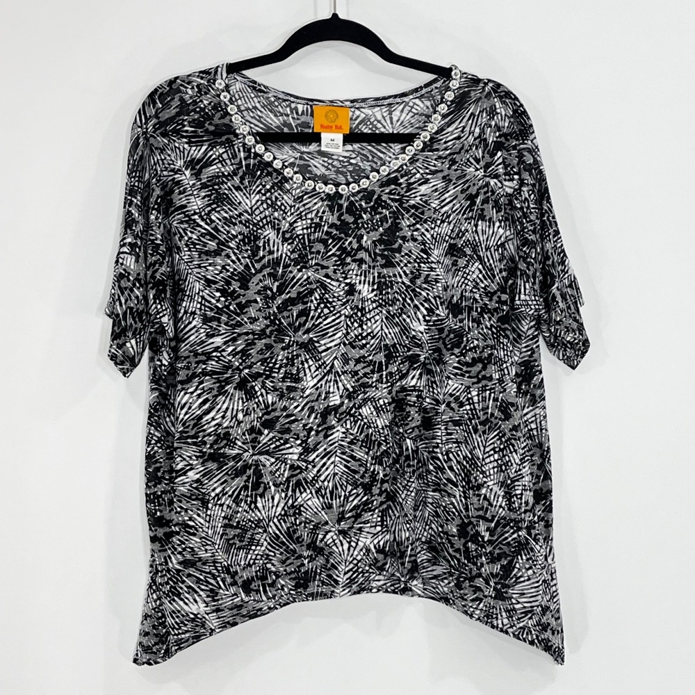 Ruby Rd Womens Black White Palm Print Sharkbite Hem Embellished Top Medium